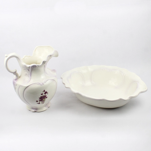 Antique Porcelain Hand Painted Floral Bud Vase with Matching Serving Dish Set