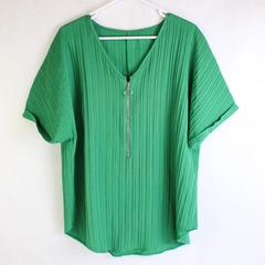 Green Short-Sleeved Ribbed Top Silver-Tone Zipper Accent Women's Size 2XL