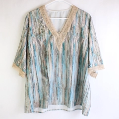 Unbranded Gray and Blue Half-Sleeve Blouse Women's Size 2XL