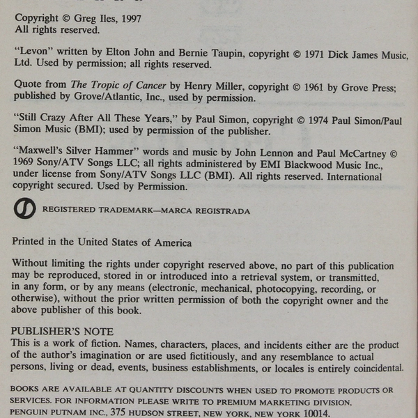 Mortal Fear by Greg Iles 1998 Signet Book Paperback