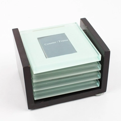 Set Of 4 Unbranded Clear Square Glass Coasters/Picture Frames With Brown Holder
