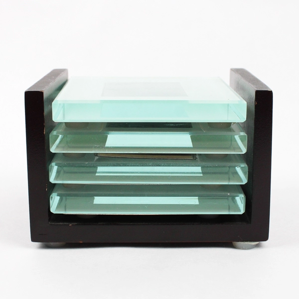 Set Of 4 Unbranded Clear Square Glass Coasters/Picture Frames With Brown Holder