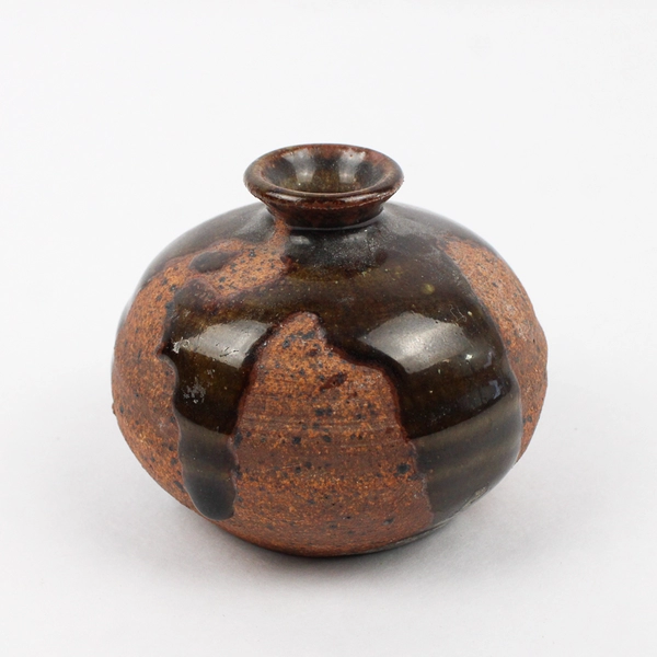 Small Handmade Signed SS Decorative Coil Pottery Brown Round 2.75" Tall