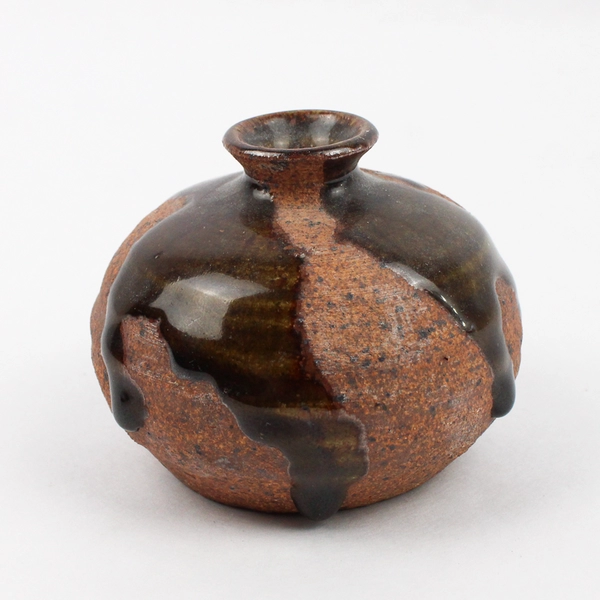 Small Handmade Signed SS Decorative Coil Pottery Brown Round 2.75" Tall