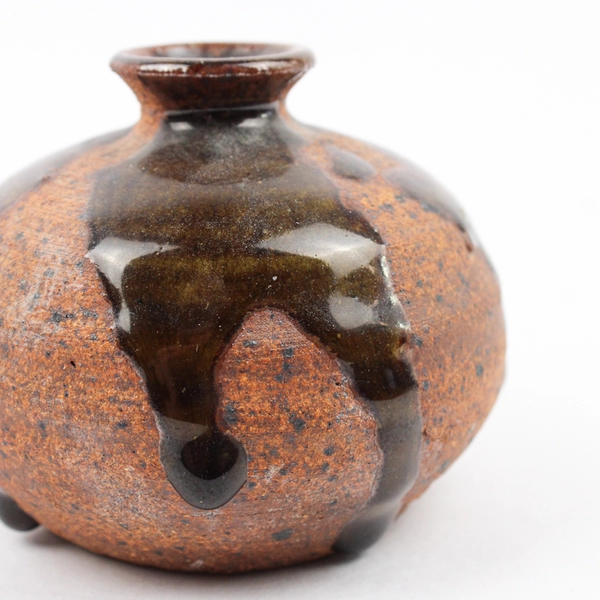 Small Handmade Signed SS Decorative Coil Pottery Brown Round 2.75" Tall