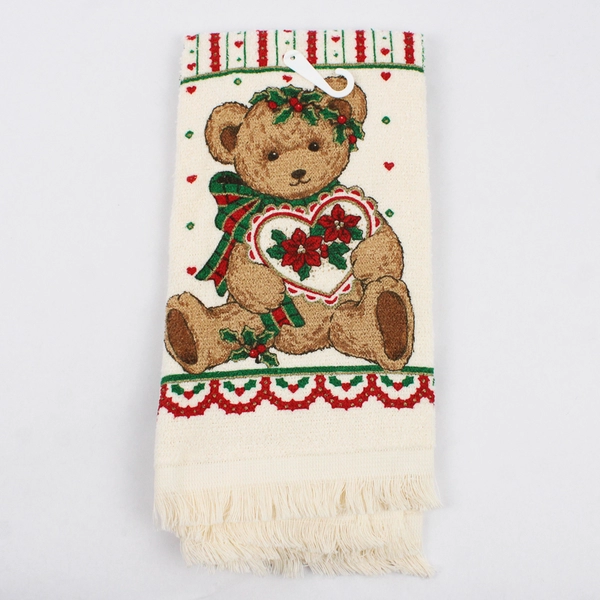 Vtg Cannon Greeting With Love Dishcloth Teddy Christmas On White 24" x 16"
