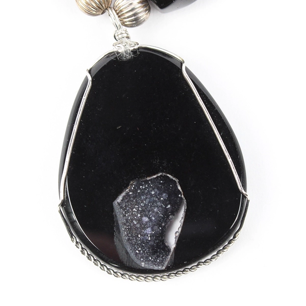 Black Onyx and Druzy Agate Geode Beaded Necklace 17"