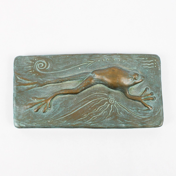 Handmade Decorative Frog Swimming Pottery Sculpture Rectangle 7" x 3.5"
