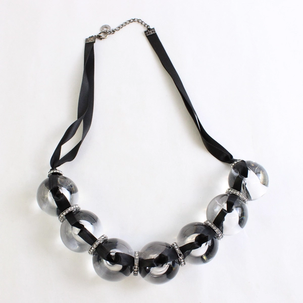 MacMode Clear Chunky Beaded Necklace Black Ribbon 25"