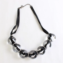 MacMode Clear Chunky Beaded Necklace Black Ribbon 25"