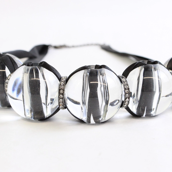 MacMode Clear Chunky Beaded Necklace Black Ribbon 25"