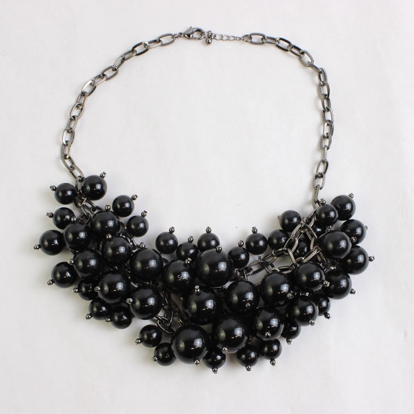 Black Chunky Beaded Statement Necklace 19"