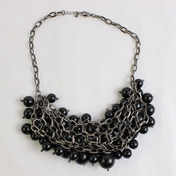 Black Chunky Beaded Statement Necklace 19"