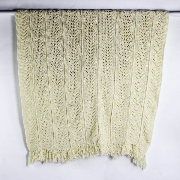 Handmade Crochet Throw Blanket Solid White Cream With Fringe 54" x 70"