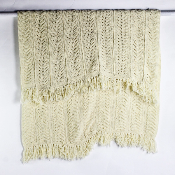Handmade Crochet Throw Blanket Solid White Cream With Fringe 54" x 70"