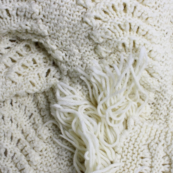 Handmade Crochet Throw Blanket Solid White Cream With Fringe 54" x 70"