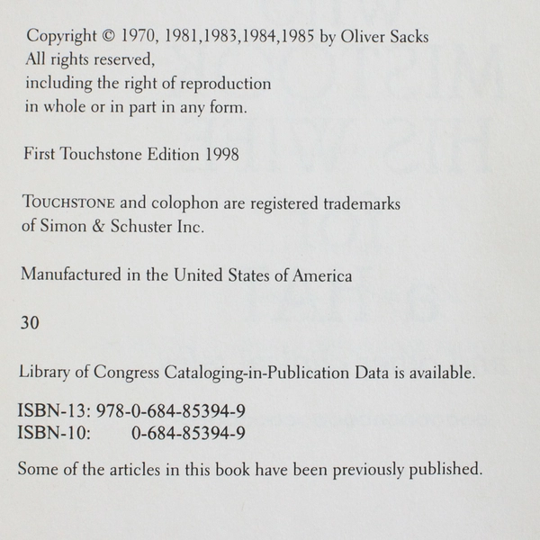 The Man Who Mistook His Wife For A Hat by Oliver Sacks Clinical Tales 1998 PB