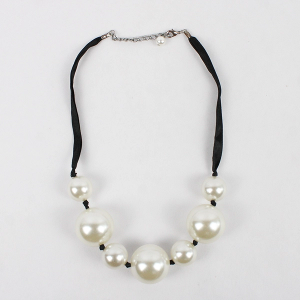 Chunky White Faux Pearl Necklace 20.5" Black Ribbon