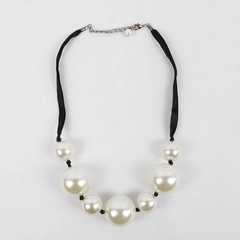 Chunky White Faux Pearl Necklace 20.5" Black Ribbon