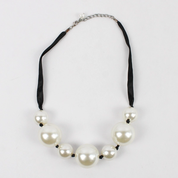 Chunky White Faux Pearl Necklace 20.5" Black Ribbon