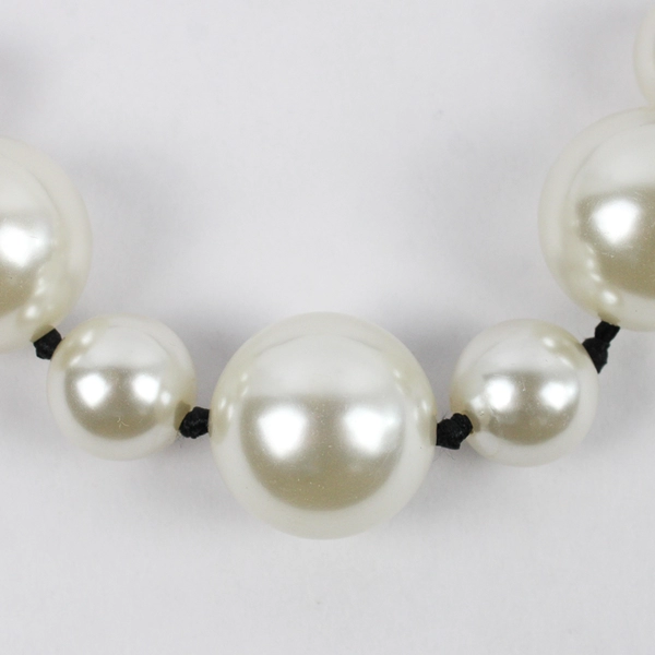 Chunky White Faux Pearl Necklace 20.5" Black Ribbon