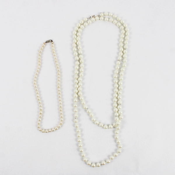 Lot of 2 White Faux Peal Beaded Necklaces 20" and 60"