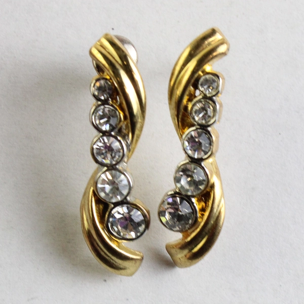 Unmarked Gold-Tone Metal Colorless Stones Stud Earrings