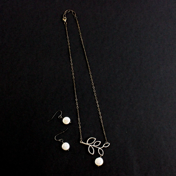 3 Pc Set Silver Tone Branch Pendant Necklace With Coin Pearl Drop Earrings
