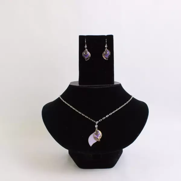 3 Pc Set Silver-Tone Purple Pendant Necklace and Dangle Earrings