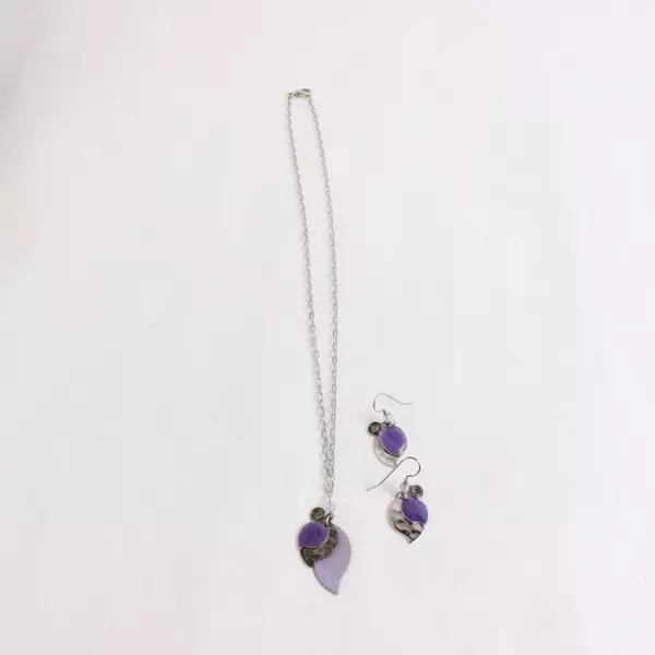 3 Pc Set Silver-Tone Purple Pendant Necklace and Dangle Earrings