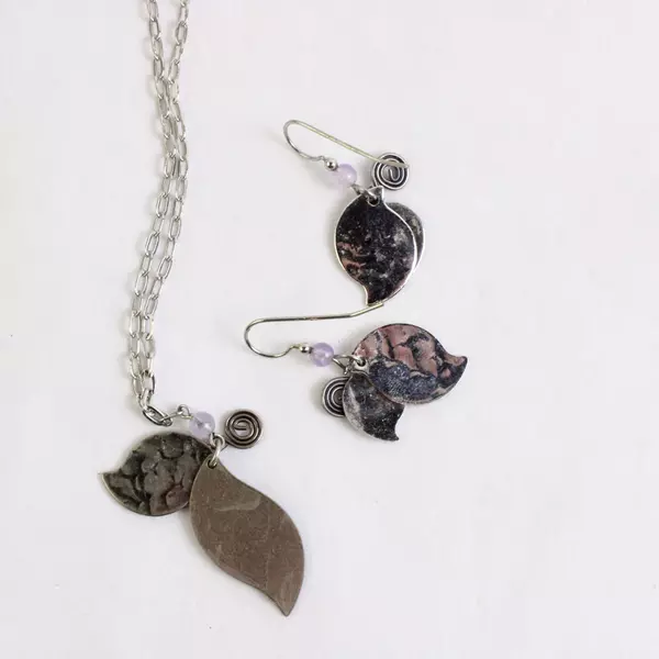 3 Pc Set Silver-Tone Purple Pendant Necklace and Dangle Earrings