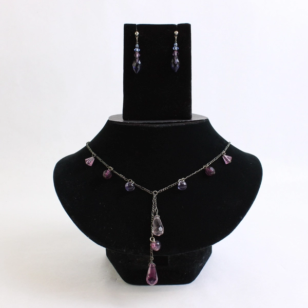 3 Pc Lot Pink Beaded Station Necklace Set and Purple Dangle Earrings