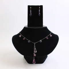 3 Pc Lot Pink Beaded Station Necklace Set and Purple Dangle Earrings