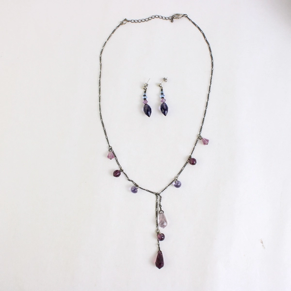 3 Pc Lot Pink Beaded Station Necklace Set and Purple Dangle Earrings