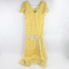 Vintage Believe Petite Slit Sleeve Yellow Floral Midi Dress Women's Size 6P