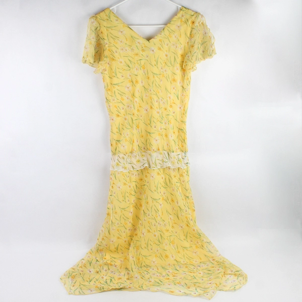 Vintage Believe Petite Slit Sleeve Yellow Floral Midi Dress Women's Size 6P