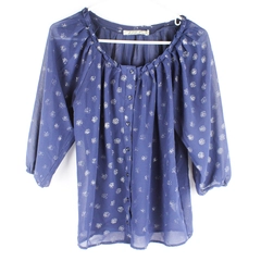 Chloe K Sheer Navy Blue Half-Sleeve Button-Up Blouse Women's Size Small