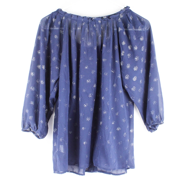 Chloe K Sheer Navy Blue Half-Sleeve Button-Up Blouse Women's Size Small