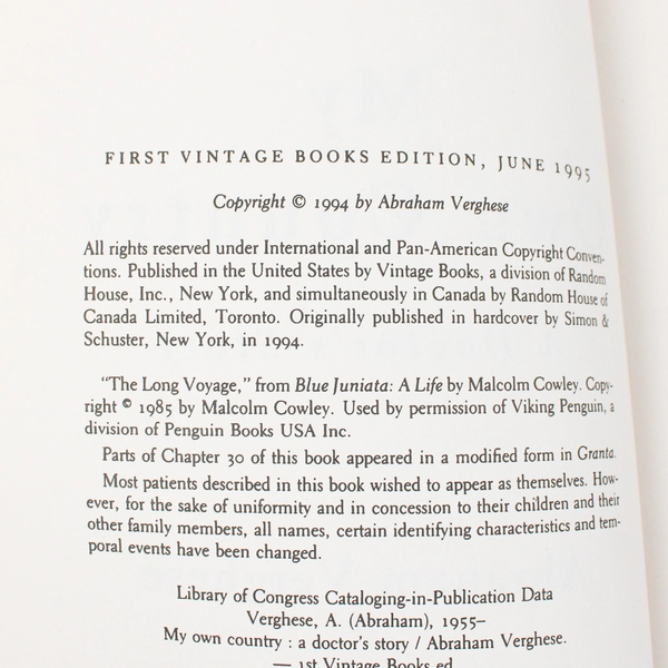 My Own Country A Doctor's Story by Abraham Verghese 1995 Paperback