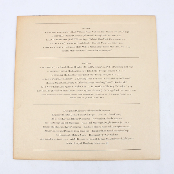 The Carpenters Self Titled 1971 Original Vinyl LP SO 3502 Envelope Cover