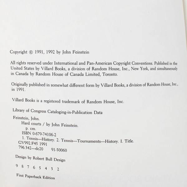 Hard Courts John Feinstein 1992 PB Real Life on the Professional Tennis Tours 