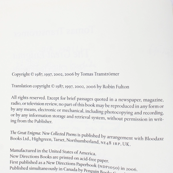The Great Enigma New Collected Poems by Tomas Transtromer 2006 Paperback