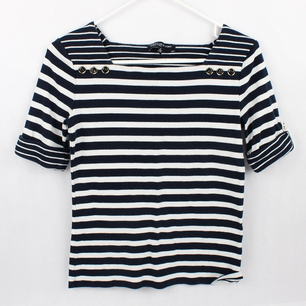 Jones New York Navy Blue White Stripe Boatneck Nautical Button Top Women's Small
