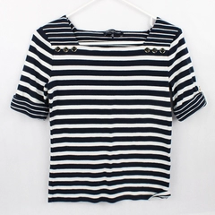 Jones New York Navy Blue White Stripe Boatneck Nautical Button Top Women's Small