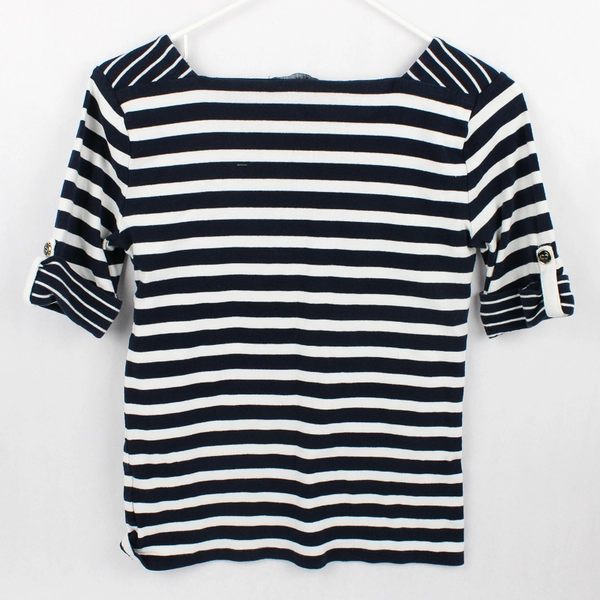 Jones New York Navy Blue White Stripe Boatneck Nautical Button Top Women's Small