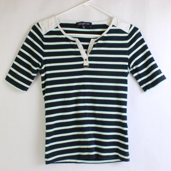 Jones New York Signature Small Blue White Green Striped Pullover Sweater