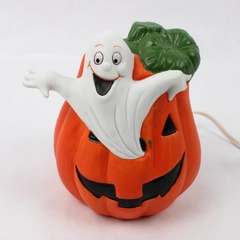 Vintage Unbranded Ceramic Carved Pumpkin W/ Ghost Lamp 5.5" Tall