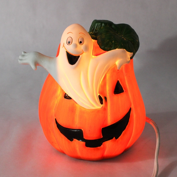 Vintage Unbranded Ceramic Carved Pumpkin W/ Ghost Lamp 5.5" Tall