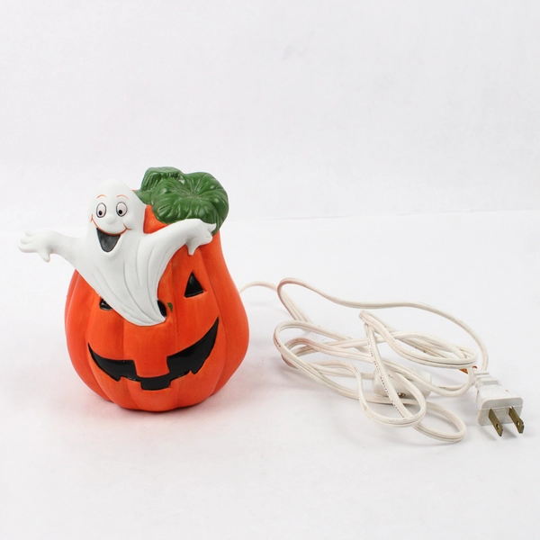 Vintage Unbranded Ceramic Carved Pumpkin W/ Ghost Lamp 5.5" Tall