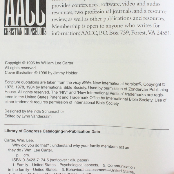 Why Did You Do That? by Wm Lee Carter Understanding Your Family 1996 Paperback
